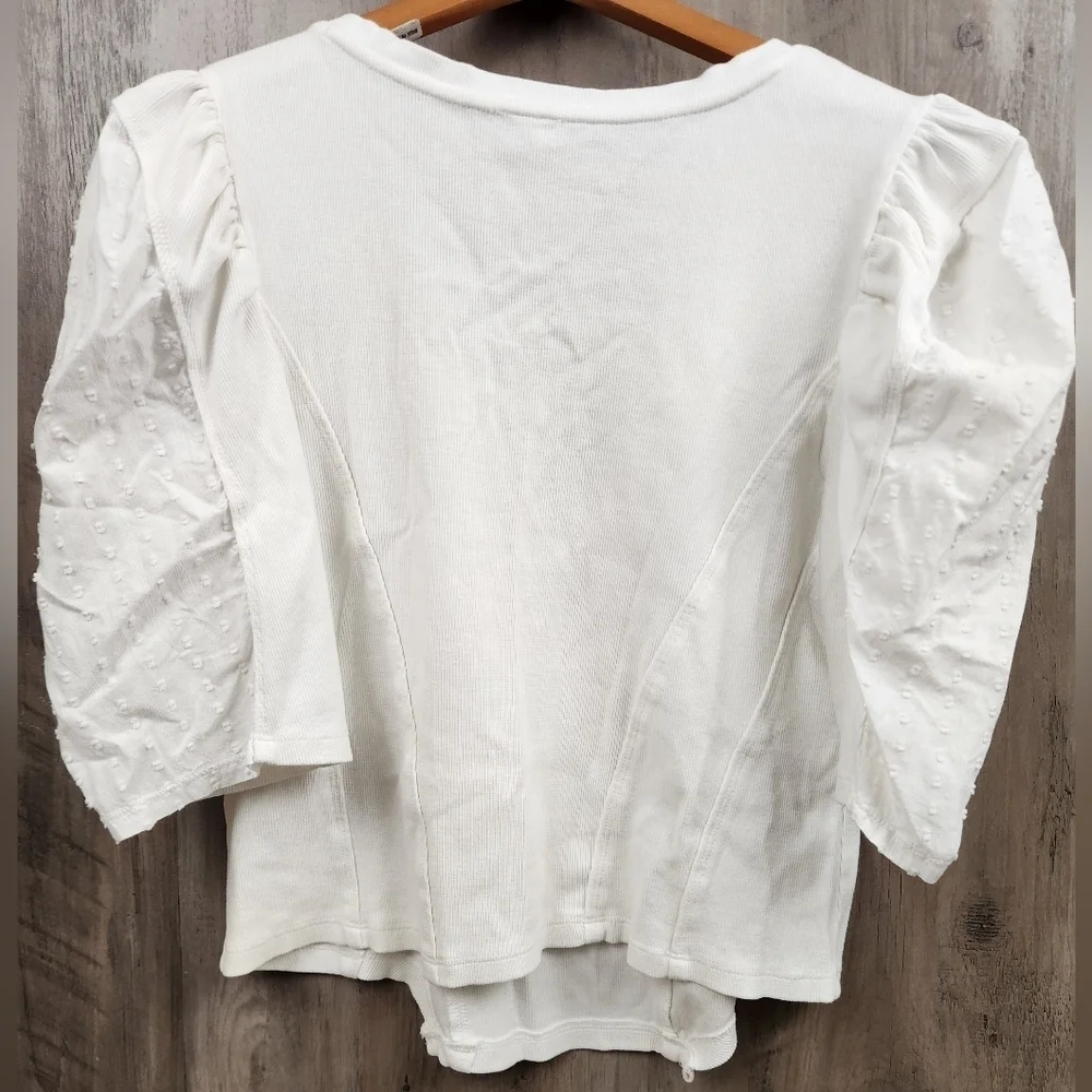 By Anthropologie Puff-Sleeve Structured V-Neck Tee Blouse Top in White Size LG